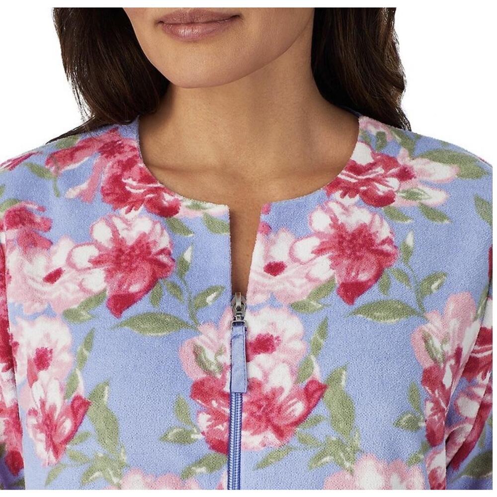 Stan Herman Robe Womens 3X Blue Floral Fleece Zip Front Long Sleeve Kaftan - Picture 6 of 11